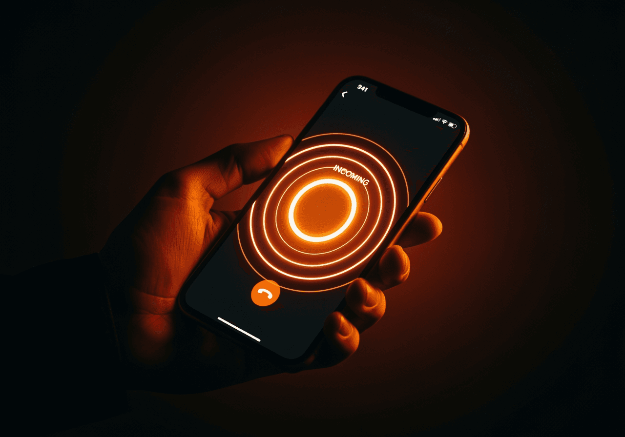 A hand holding a ringing phone glowing with ember pulse rings in the dark