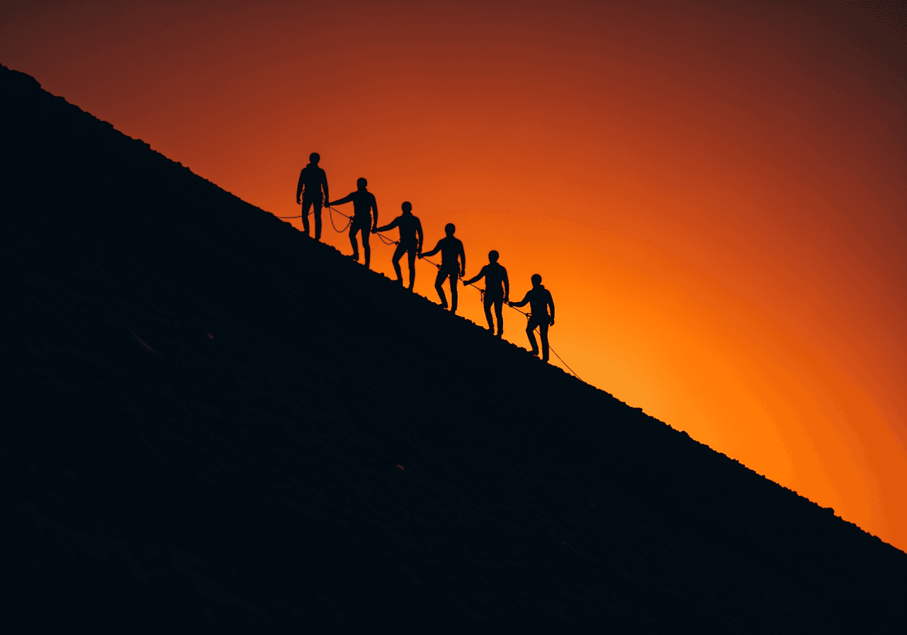 Roped team of climbers ascending a ridge against an ember sky
