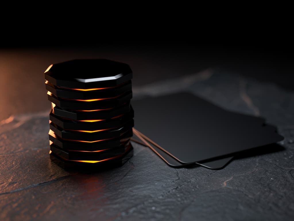 Stack of ember-lit tokens beside two black cards on slate