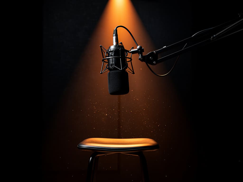Podcast microphone under an ember spotlight with an empty stool